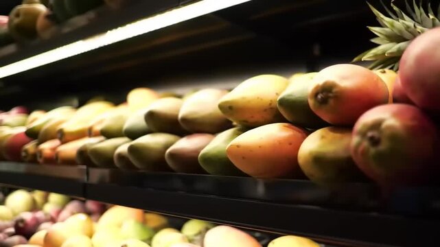 Fresh fruit display with mangoes and pineapple on a supermarket shelf