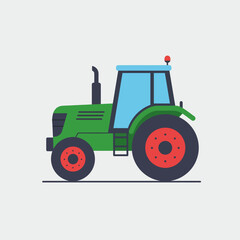 Green farm tractor with blue cabin and red wheels in a flat vector illustration style.