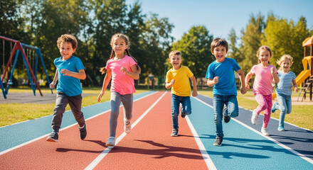 Enthusiastic kids happily racing on a vibrant track under a sunny sky, promoting fitness, teamwork, and the joy of outdoor activities for a healthy lifestyle