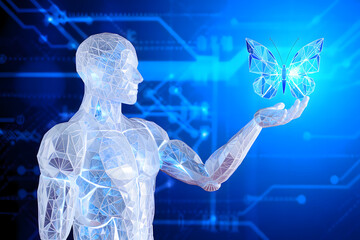 A digital human holding a polygonal butterfly in its hand against a blue technological background