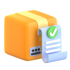 3D Rendered Orange Package with Goods Receipt and Green Check Mark on Transparent Background
