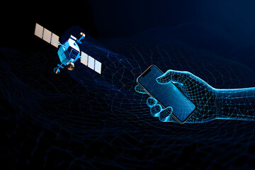 A digital hand holding a smartphone connected to a satellite in a dark blue background space