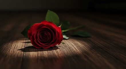 Vibrant red rose on wooden surface with dramatic lighting