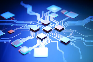 A detailed view of a blue circuit board with multiple chips and intricate line connections visible