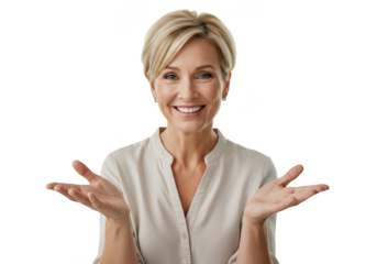 Smiling woman with short blond hair gesturing with open hands towards viewer transparent background