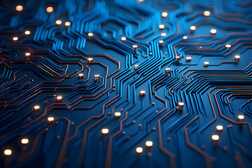 A close up view of a blue circuit board with glowing points of light on a dark blue background