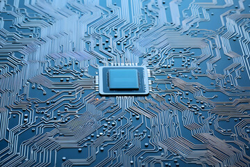 A close up view of a blue computer chip with intricate circuit patterns and small components around it