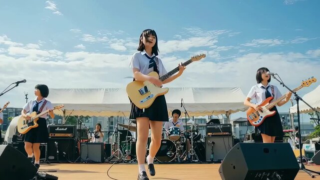 日中の文化祭。曲を披露する高校生バンド
