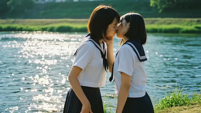 川沿いでキスをする女子高生カップル