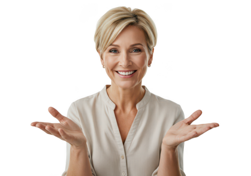 Smiling woman with short blond hair gesturing with open hands towards viewer transparent background - Powered by Adobe
