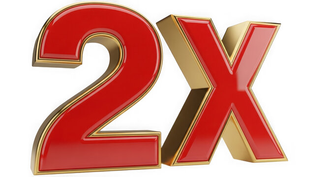 Bold red and gold 2x multiplier symbol for impactful promotions isolated on transparent background