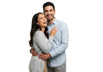 Joyful couple embracing and laughing together capturing a moment of pure happiness transparent background