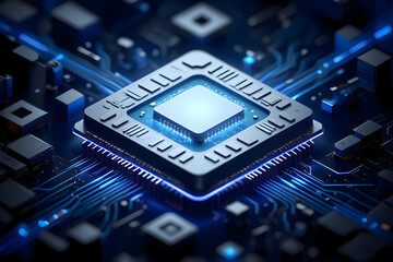 A close up of a central processing unit with blue glowing light and intricate circuit details