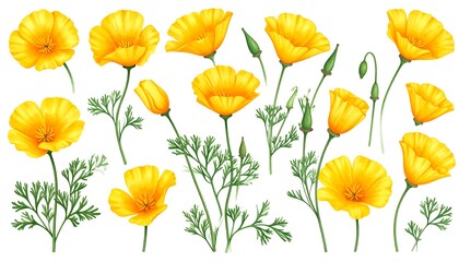 Realistic illustration of vibrant yellow California poppies in varying stages of bloom, with green foliage against a clean white backdrop