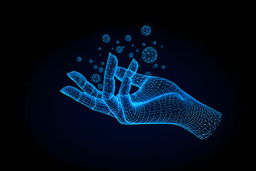 A blue wireframe hand with fingers extended holding floating wireframe spheres on a black background