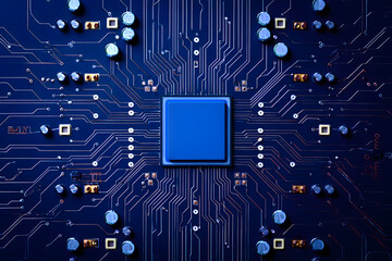 A close up of a blue computer chip on a dark blue circuit board with visible connections lines
