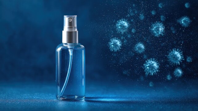 A clear blue spray bottle stands, with atomized spray seemingly attacking stylized virus particles. Background is a dark, textured blue
