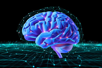 A blue brain surrounded by a network of connected lines and dots on a dark background surface