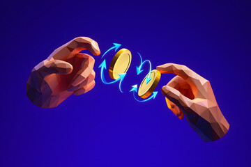 Two polygonal hands exchanging golden coins with blue circular arrows on a blue background scene