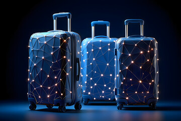 Three blue suitcases with glowing network patterns against a dark blue background in a studio shot