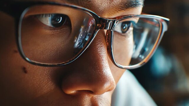 Intense Gaze Through Eyeglasses: A close-up shot features a person with eyeglasses, the lenses reflecting their focused gaze, set against a soft, bokeh-filled background, implying concentration. 