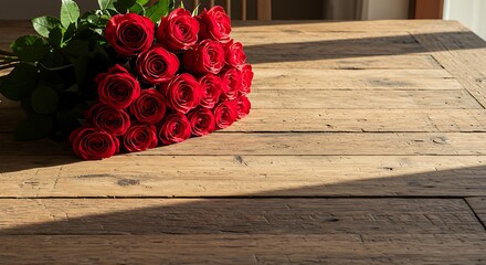 Vibrant red roses on rustic wooden table with sunlight and shadows