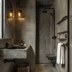 Modern bathroom interior with concrete walls, stone sink, black fixtures, and warm lighting creates a minimalist and industrial space