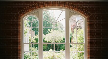 Photorealistic cinematic view of a large arched multi pane window with white mullions overlooking a lush sunlit garden