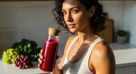 Healthy woman holding vibrant red juice bottle in a modern kitchen with natural sunlight