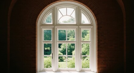 Grand arched multi pane window with white frame overlooking a lush green sunlit garden