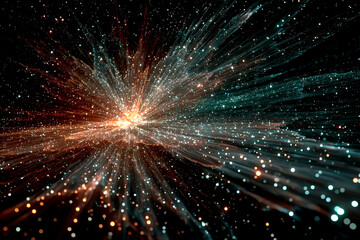 Obraz premium Vibrant burst of colliding orange and teal energy particles on a dark background.