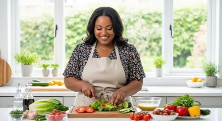 Joyful plus size woman preparing a nutritious fresh salad with vibrant vegetables in her kitchen