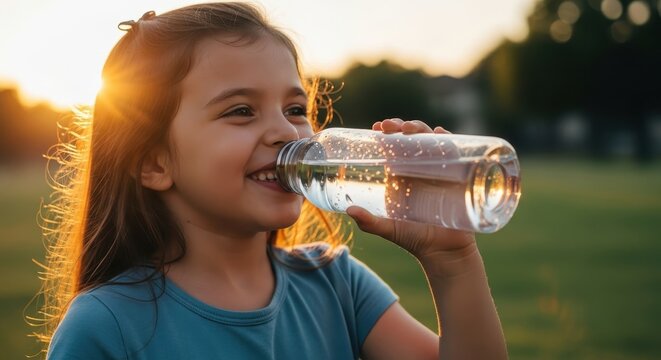 Young girl smiling joyfully drinking fresh water from a bottle outdoors during a warm sunset