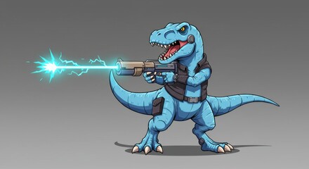 Cartoon t-rex shooting a laser gun