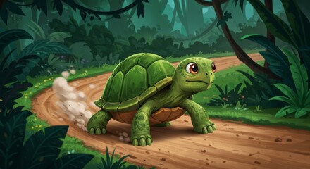Cartoon turtle running fast on a jungle path