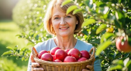 Smiling mature woman holding a basket of fresh red apples in a sunny orchard during harvest