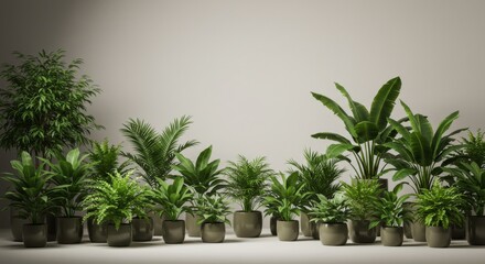 Collection of various potted green plants against neutral background