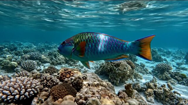 Vibrant underwater scene parrotfish swimming above coral reef
