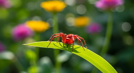 Vibrant red spider on green leaf with blurred floral background