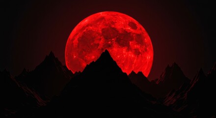 Crimson moon rising over dark mountain range