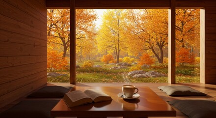 Cozy autumn view from wooden cabin with coffee and book