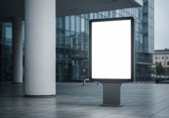 Blank Vertical Lightbox Mockup on a Paved Plaza with a Modern Glass Facade