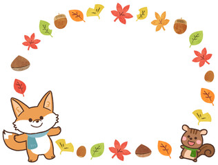 マフラーをしたキツネとリスの秋の紅葉フレームイラスト