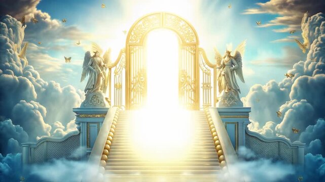 Majestic stairway to heaven with angelic figures concept. A splendid gate flanked by angels leading upwards into a bright cloud-filled sky.