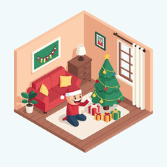 Isometric view of a man in santa hat near christmas tree with presents in cozy living room scene