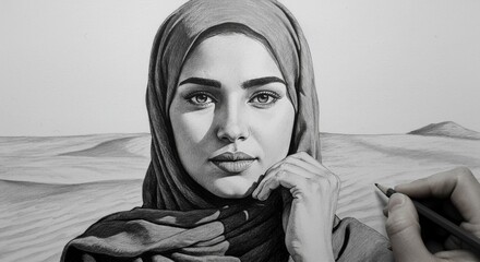 Elegant muslim woman portrait in hijab, graphite drawing