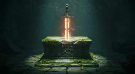 Enchanted sword embedded in stone with moss