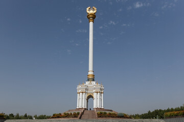The Stella of Independence in Dushanbe, Tajikistan, is a tall, white and gold-trimmed monument...