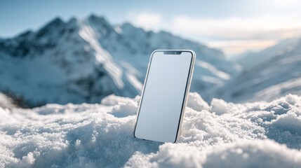 Smartphone with blank screen mockup on snowy ground with mountains in the background  