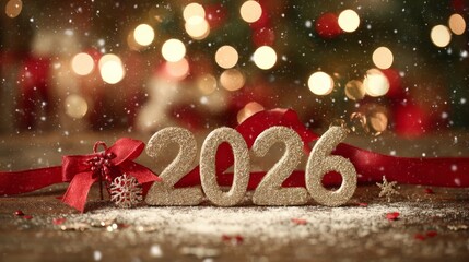 Glittering 2026 decoration numbers with ribbon and snowflakes on festive background  